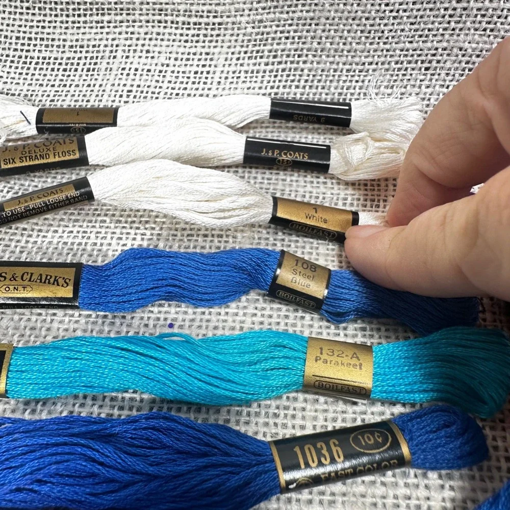 19 Vintage Embroidery Floss Skeins J & P Coats Star DMC Blue‎ Purple White Lot